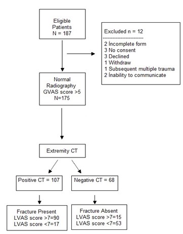 Flowchart of the study. VAS: Visual Analogue Scale,
G-VAS: General VAS, L-VAS: Local VAS, MDCT: Multi-detector computer tomography.