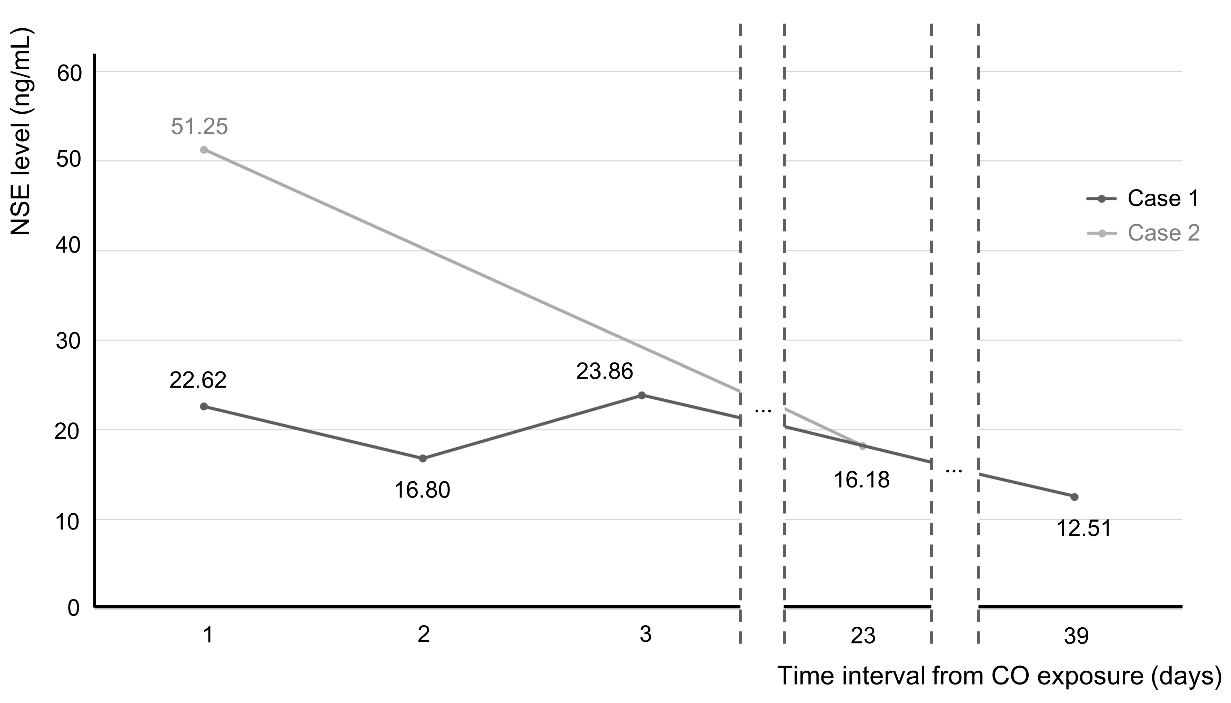 Neuron-specific enolase (NSE) levels according to time from
carbon monoxide intoxication.In both case, NSE level was high (22.62, 51.25 ng/mL) in acute carbon
monoxide poisoning, and was decreased to normal range (12.51 and 16.18 ng/mL) in
delayed neurological sequelae.