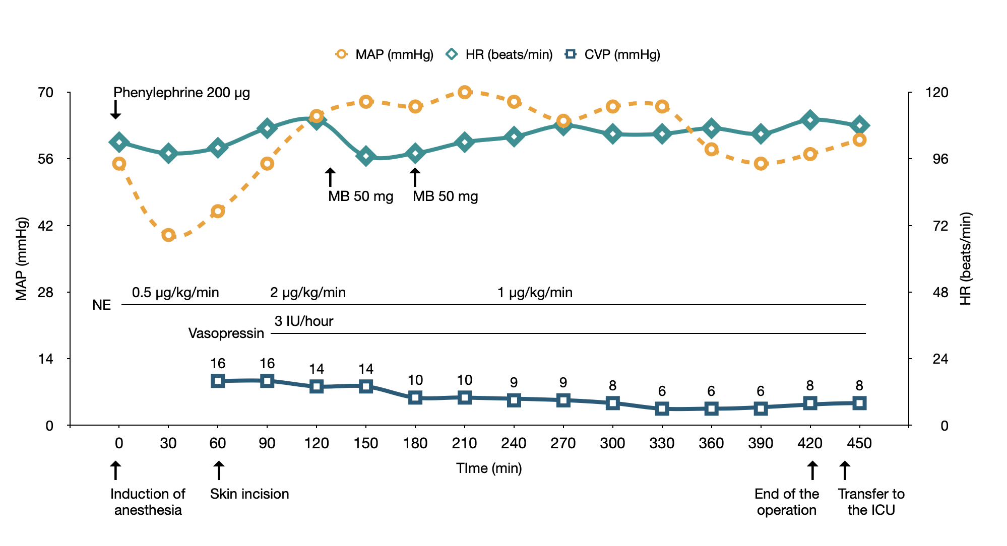 Use of Vasoactive Drugs and Hemodynamic Parameters During
Anesthesia in the Operating Room.Phenylephrine, α1 adrenergic agonist; NE, norepinephrine
α1 α2 and β1 adrenergic agonist; vasopressin, V1
vasopressor and V2 antidiuretic effect; MB, methylene blue inhibits nitric oxide
synthase (iNOS) and soluble guanylate cyclase (sGC).