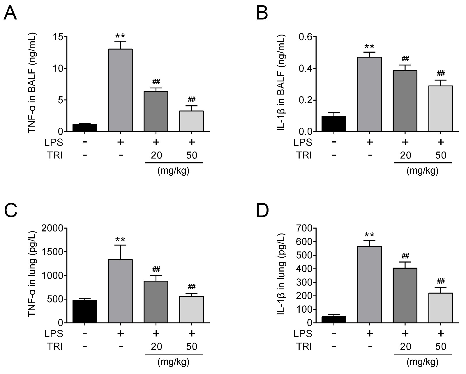 Trilobatin repressed inflammatory response in mice with
LPS-induced ALI.Levels of TNF-α in BALF from each group were determined 12
hours after LPS treatment. Levels of IL-1β in BALF from each group were determined 12 hours
after LPS treatment. Levels of TNF-α in lung tissues from each group were determined
12 hours after LPS treatment. Levels of IL-1β in lung tissues from each group were determined
12 hours after LPS treatment. ** p < 0.01 vs. Control, ## p < 0.01 vs.
LPS.