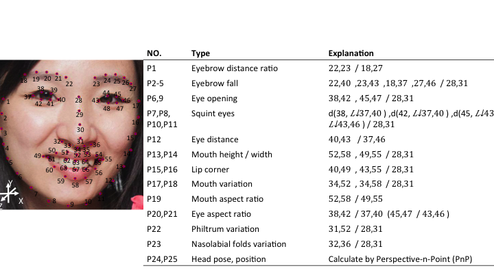 Twenty-five facial parameters were extracted per frame to
represent the facial expressions of the patient.