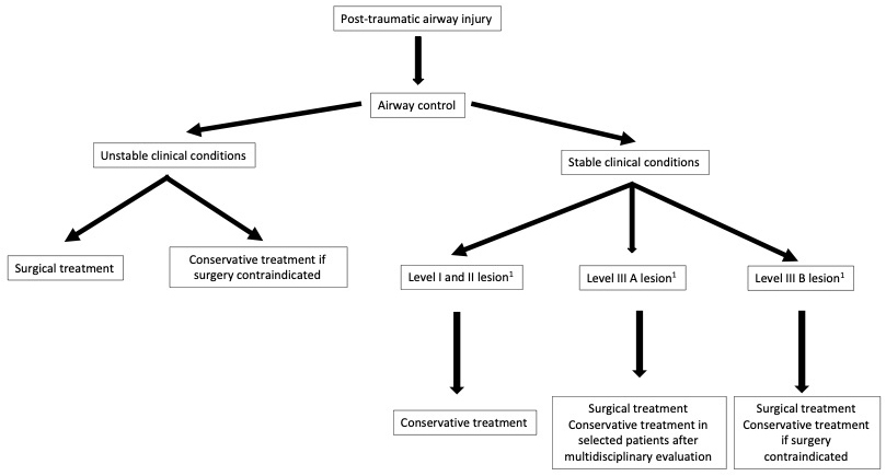 Therapeutic strategy of post-traumatic airway lesions according to clinical and endoscopic features. See reference [46].