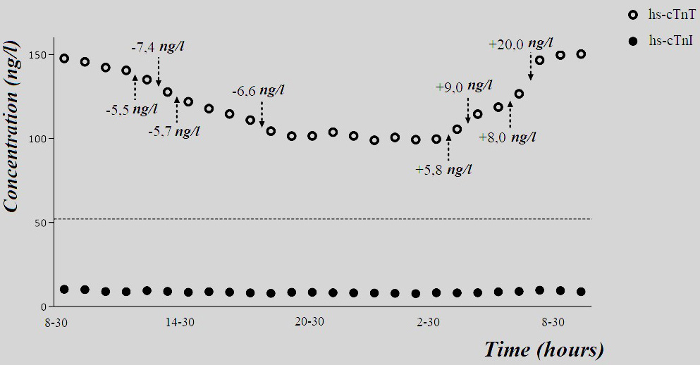 Circadian fluctuations in concentration of hs-cTnT and hs-cTnI, 
as per [25] amended and revised. Notes. The hs-cTnT concentration curve shows 
one-hour changes that exceed the 1-hour delta-changes according to the 
recommended ESC 1-hour algorithms. The dashed line marks the hs-cTnT level (52 
ng/L) for the quick exclusion of AMI without ST-segment elevation following the 
current diagnostic algorithms recommended by ESC [2].