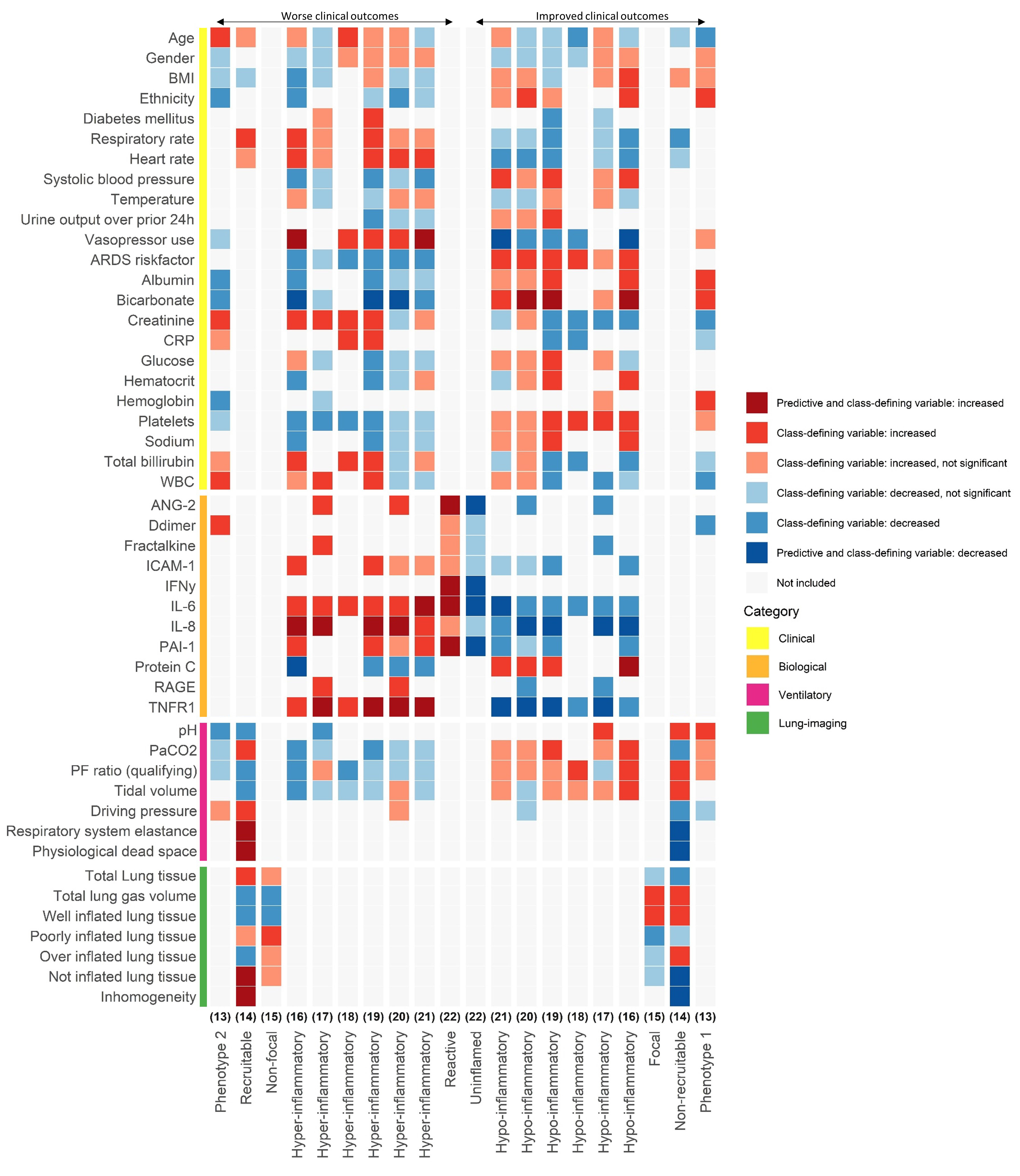Heatmap of all included class-defining variables and identified
predictive variables in ARDS subphenotyping models. Only variables significant
in at least one study are depicted. Class-defining variables were used for
identifying subphenotypes. Predictive variables were used to classify the
subphenotypes using fewer variables. The increased class-defining variables: (1)
gender implicates a higher percentage of males and (2) ethnicity implicates a
higher percentage of white people present in that subphenotype, (3) source of
infection is pre-dominantly the thorax, and (4) ARDS risk factor is
pre-dominantly pneumonia. Subphenotypes depicted on the left side of the graph
were associated with worse clinical outcomes compared to the subphenotypes
depicted on the right side of the graph. The numbers above the subphenotypes
refer to the original study and correspond to the reference bibliography number.
BMI, body mass index; CRP, C-reactive protein; WBC, white blood cell count;
ANG-2, angiopoietin-2; ANG2/1, angiopoietin 2 and 1 ratio; ICAM-1, intercellular
adhesion molecule-1; IFNy, interferon gamma; IL, interleukin; PAI-1, plasminogen
activator inhibitor 1; RAGE, receptor for advanced glycation end products; TNFR1,
tumor necrosis factor receptor 1; PF ratio, PaO2/FiO2 ratio.