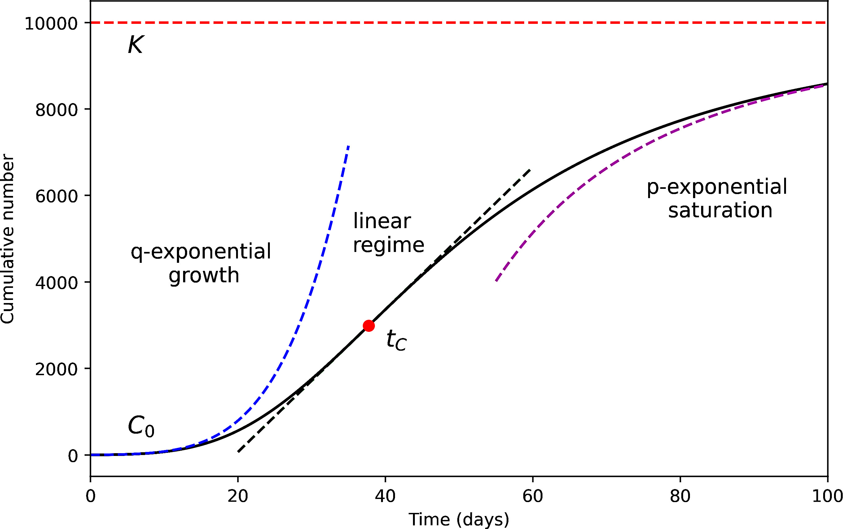 Qualitative outline of an epidemic curve (black) for the
accumulated number of deaths, with an indication of their different phases in the
first wave of the pandemic, with the red circle indicating the change point of
the curve.