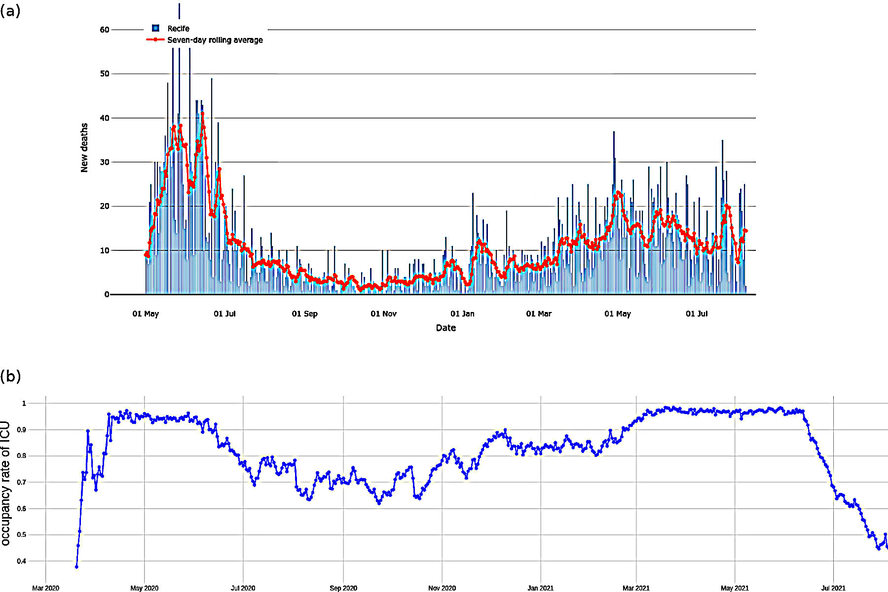 Epidemic curves for Recife, Brazil, with (a) temporal
evolution of the recorded daily new COVID-19 deaths during epidemic up to 23 July
2021; and (b) temporal evolution of the occupancy rate of ICU beds to evaluate
current capacity for clinical hospitalization up to 23 July 2021.