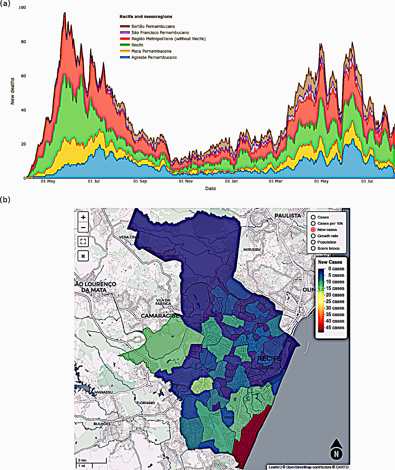 Graphical representation of indicators with geographical data,
where (a) number of new deaths by mesoregions in Recife, Brazil, up to 23 July
2021; and (b) choropleth map by neighborhoods of Recife, with several cases in
the last 24 hours attributed to COVID-19 up to 23 July 2021.