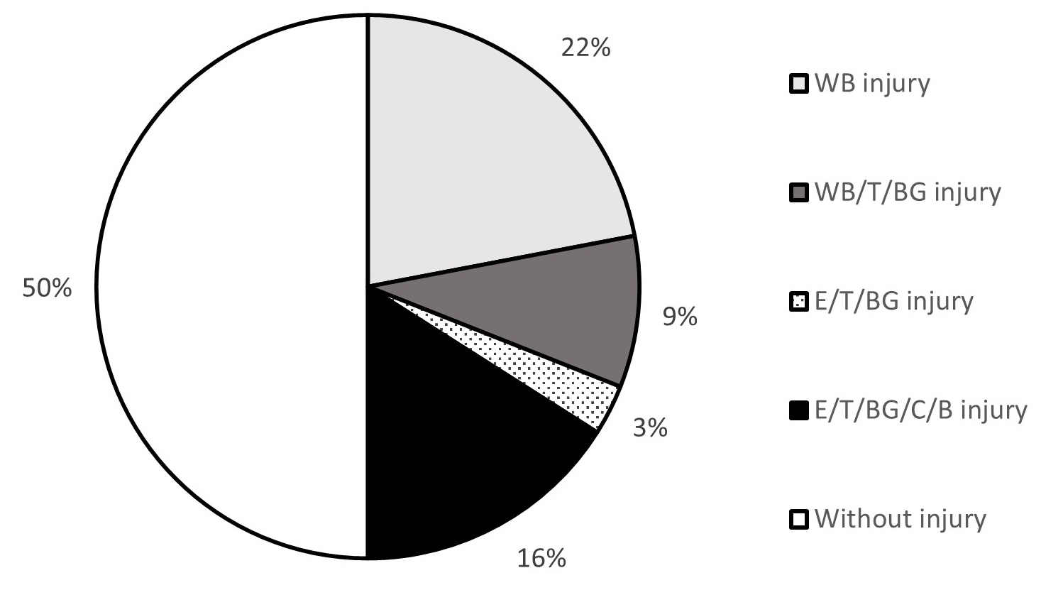 Percentage distribution of hypoxic-ischemic brain injuries
detected by ultrasound in the case group. WB injury—watershed border-zone
injury; WB/T/BG injury—watershed border-zone and/or thalamus and/or basal
ganglion injury; E/T/BG injury—brain edema and/or thalamus and/or basal
ganglion injury; E/T/BG/C/B injury—brain edema and/or thalamus and/or basal
ganglion injury along with cerebellum and brainstem injury.