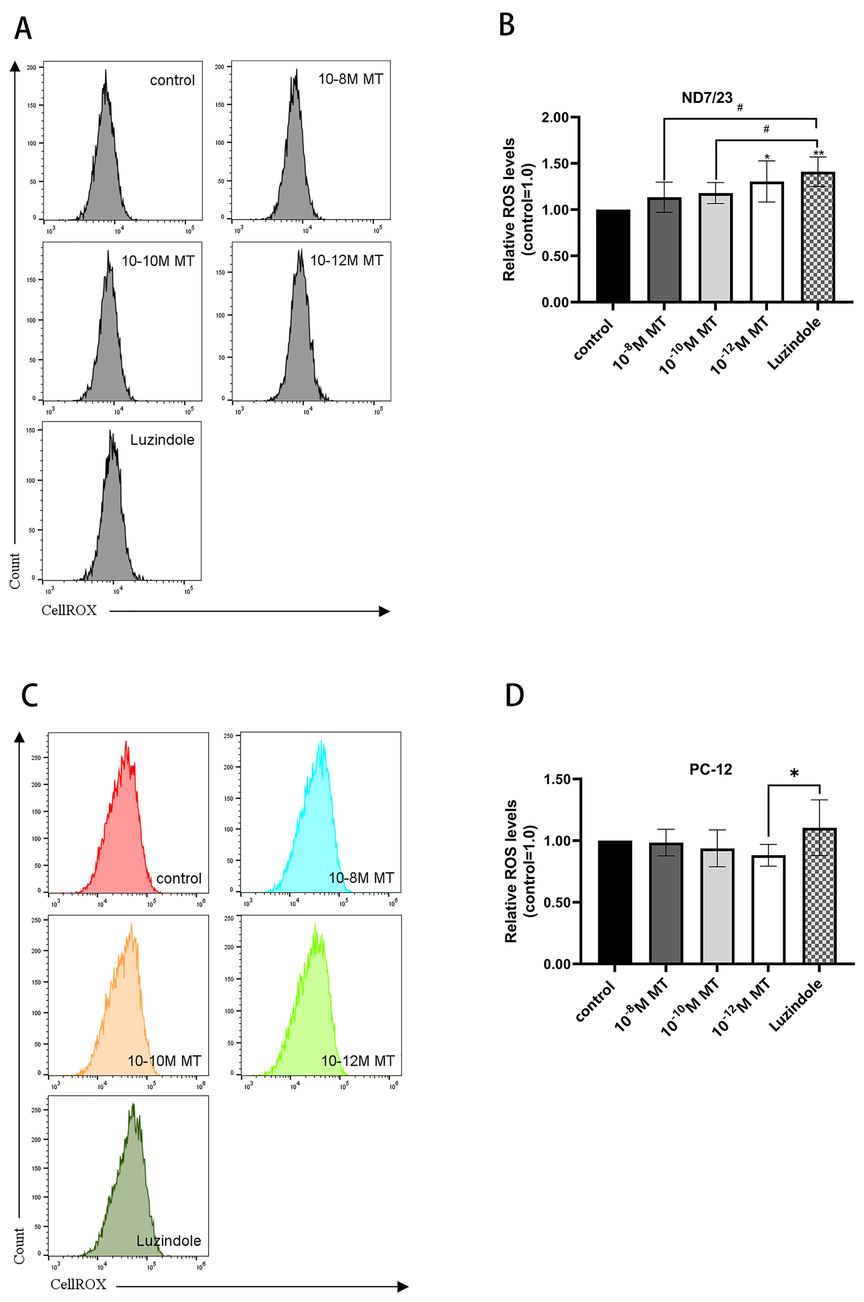 Flow cytometry analysis of mitochondrial ROS in ND7/23 cells and
PC-12 cells with Luzindole pretreatment. (A) Representative histogram
of CellROX® Red fluorescence intensities. (B) Quantitative
evaluation of ROS in ND7/23 cells. (C) Representative histogram of
CellROX® Red fluorescence intensities. (D) Quantitative
evaluation of ROS in PC-12 cells. Data are presented as mean ± SD and
determined by FlowJo (n = 4). Compared with control, *p < 0.05,
**p < 0.01; Compared with Luzindole, #p < 0.05.
MT: Melatonin; ROS: Reactive oxygen species.