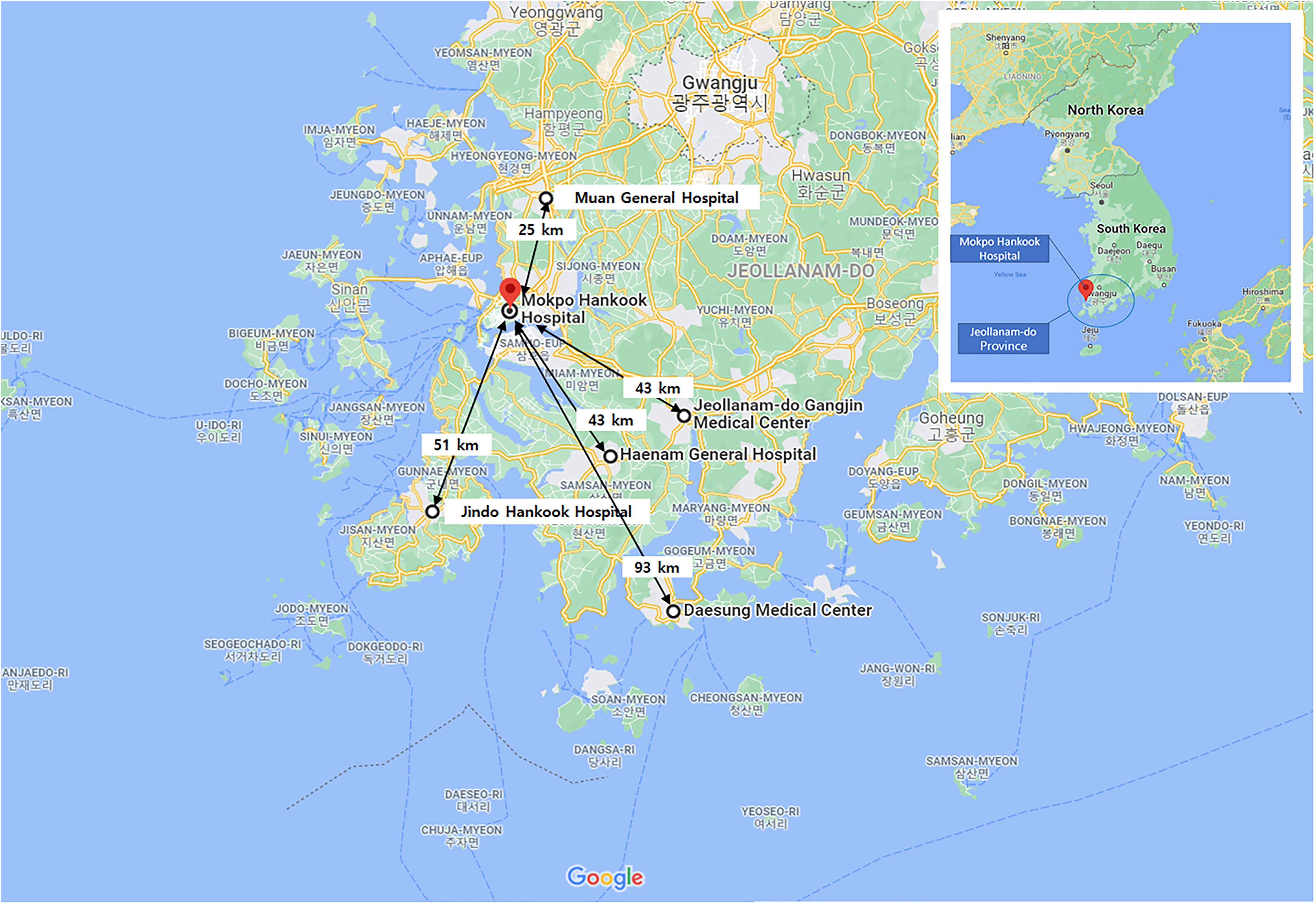 Five local networking hospitals and the shortest distance to the
Mokpo Hankook Hospital in the RECS covering Jeollanam-do Province. RECS, remote
emergency consultation system.