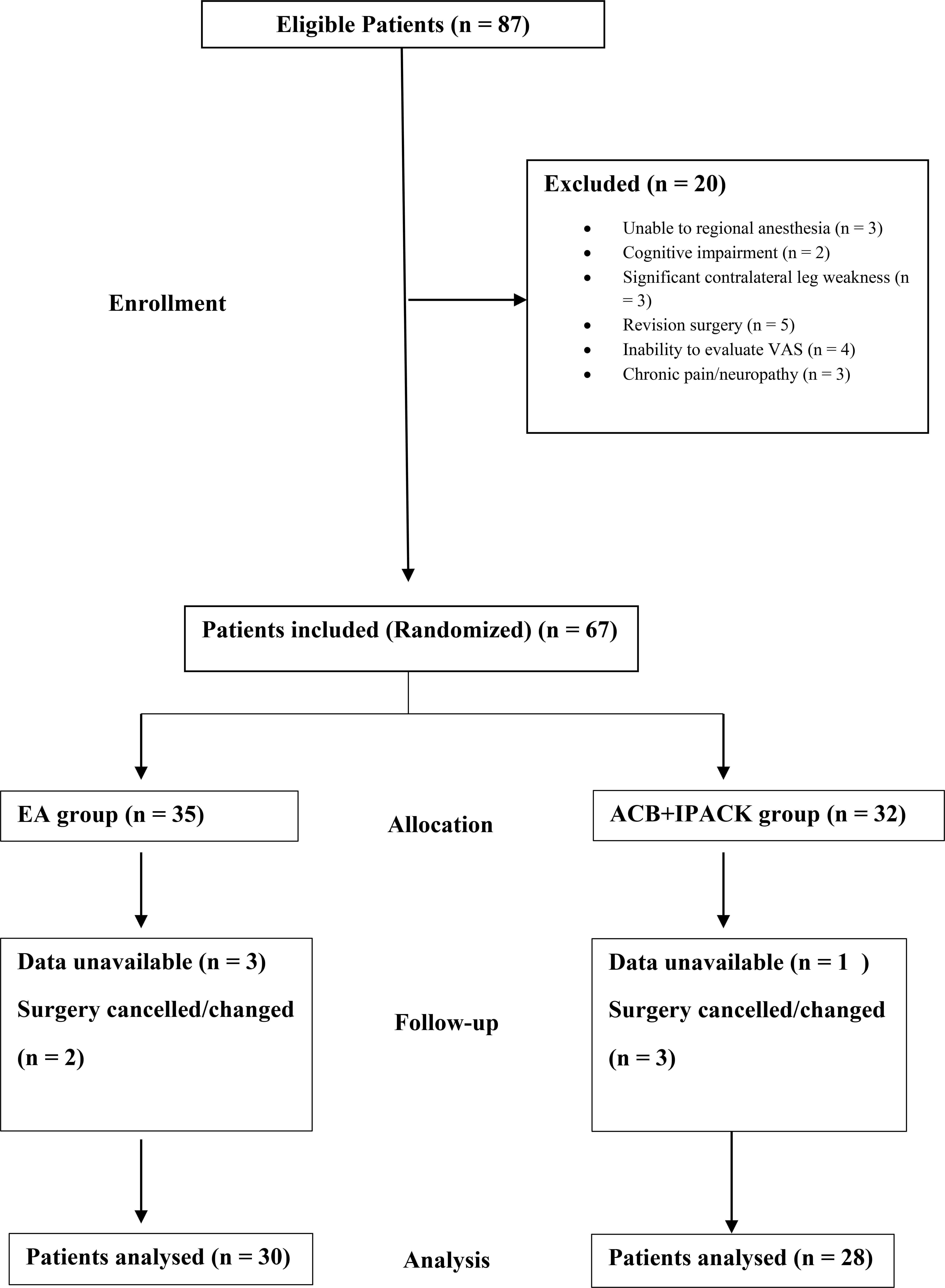 Flow chart of patients selection. VAS: visual analogue scale; 
EA: epidural analgesia; ACB: adductor canal block; IPACK: Infiltration Between 
the Popliteal Artery and Capsule of the Posterior knee.