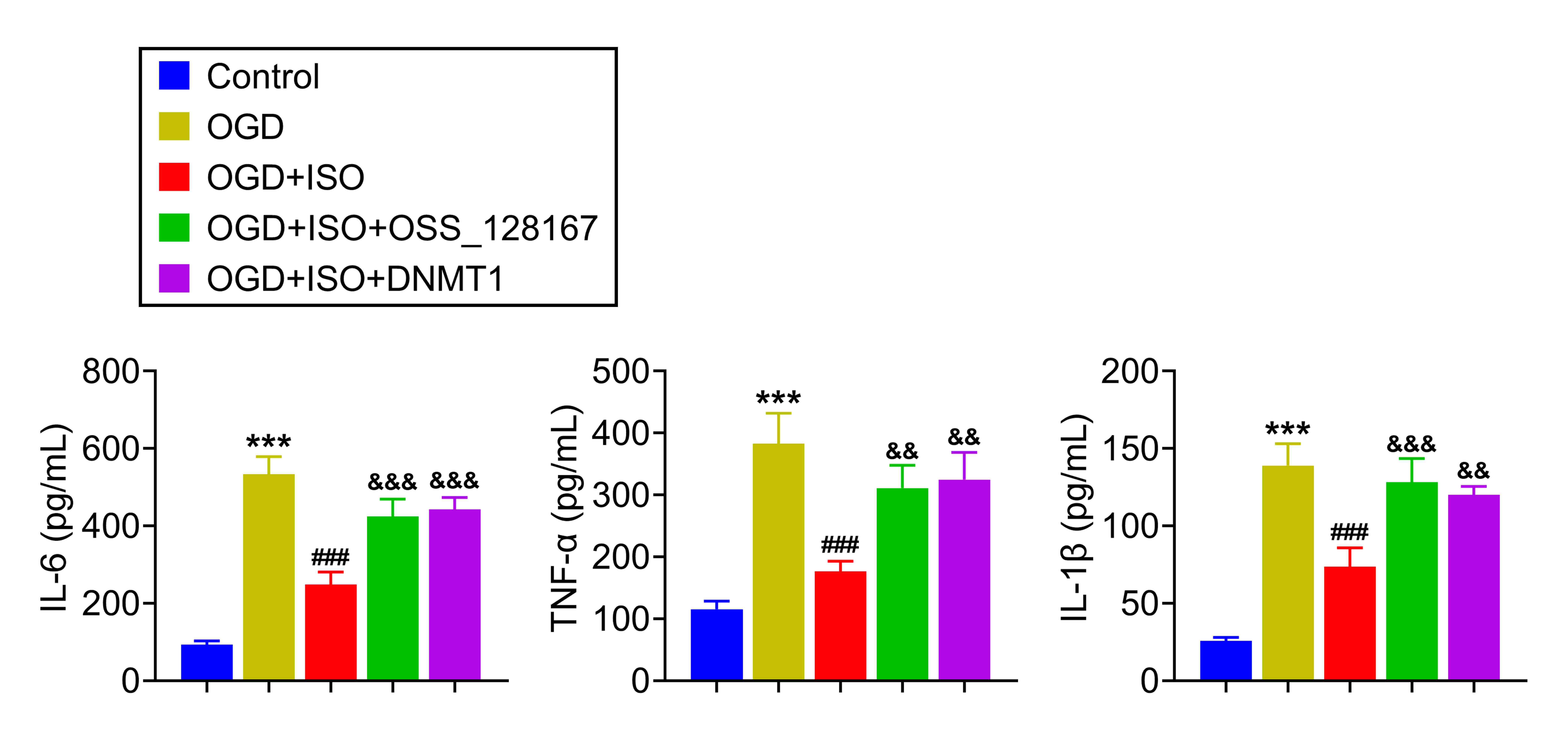 Effects of isoflurane on
OGD-induced inflammatory damage in H9c2 cell by SIRT6/DNMT1 pathway. After OGD
exposure, the TNF-α, IL-6 and IL-1β levels were assessed by
using ELISA assay. *** p < 0.005 vs. Control. ###p < 0.005 vs. OGD. &&p < 0.001
vs. OGD+ ISO. &&&p < 0.005 vs. OGD + ISO.
Data are expressed as mean ± SEM.