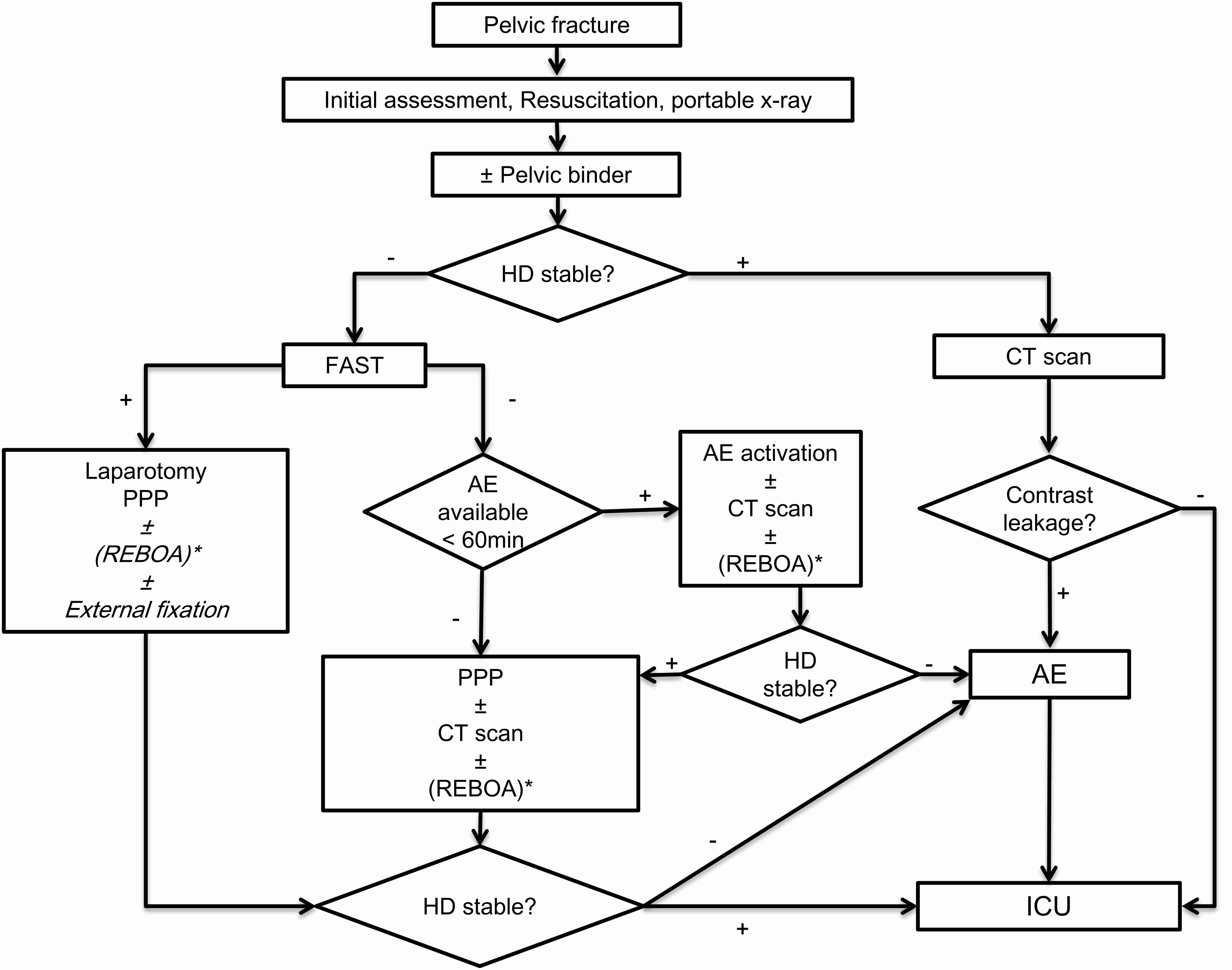 An algorithm for the
management of pelvic fracture during the study period. CT: computed tomography; PPP:
preperitoneal pelvic packing; HD: hemodynamics; AE: angioembolization; ICU:
intensive care unit; REBOA: resuscitative endovascular balloon occlusion of
aorta; FAST: focused assessment with sonography for trauma. *REBOA was added to the algorithm
in 2016.