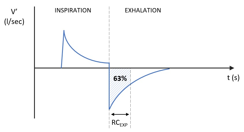 Flow versus time waveform 
illustrating the method how RCEXP was measured. RCEXP corresponds to 
63% of exhaled tidal volume. V’: flow; RCEXP: expiratory time constant.