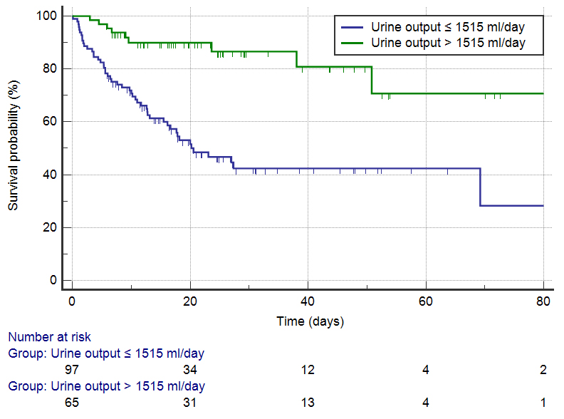 Kaplan-Meier survival curves by urine output category
(log-rank p < 0.0001).