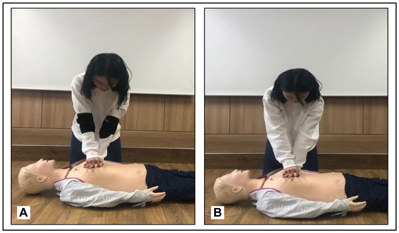 “Elbow-support” and Standard Chest Compression Methods. A:
“Elbow-support” chest compression method. B: Standard chest compression
method.