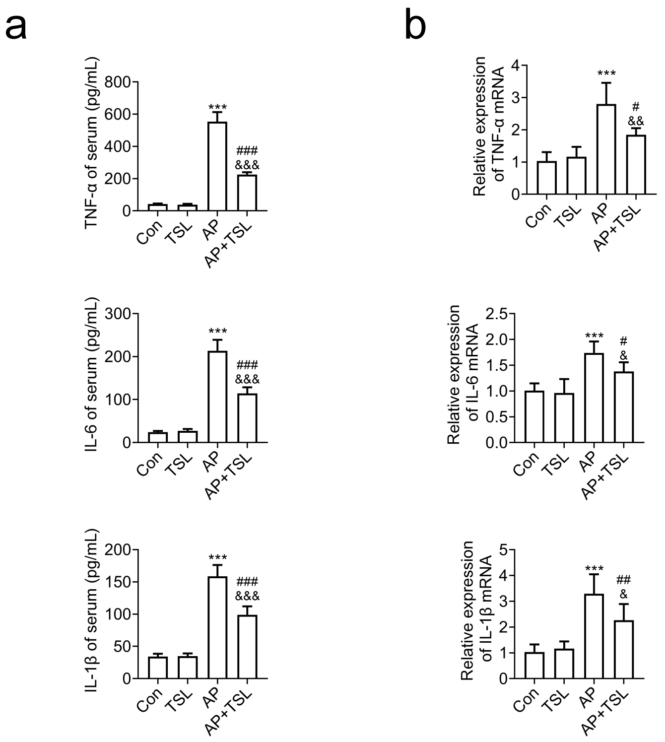 Tussilagone suppressed serum and pancreatic tissue inflammation
in AP mice. (a) ELISA analysis reveals the secretion levels of the indicated
factors in pancreatic tissue among mice from the Control, TSL, Acute pancreatitis
(AP) and AP + TSL groups. (b) qPCR assays display the mRNA levels of the
indicated factors in pancreatic tissues of mice from the Control, TSL, AP and AP
+ TSL groups. ***p < 0.001, AP vs. Con (control); #p
< 0.05, ##p < 0.01, ###p < 0.001, AP + TSL
vs. TSL; &p < 0.05, &&p < 0.01, &&&p
< 0.001, AP + TSL vs. AP. TSL: Tussilagone; TNF: Tumor necrosis
factor; IL: interleukin.
