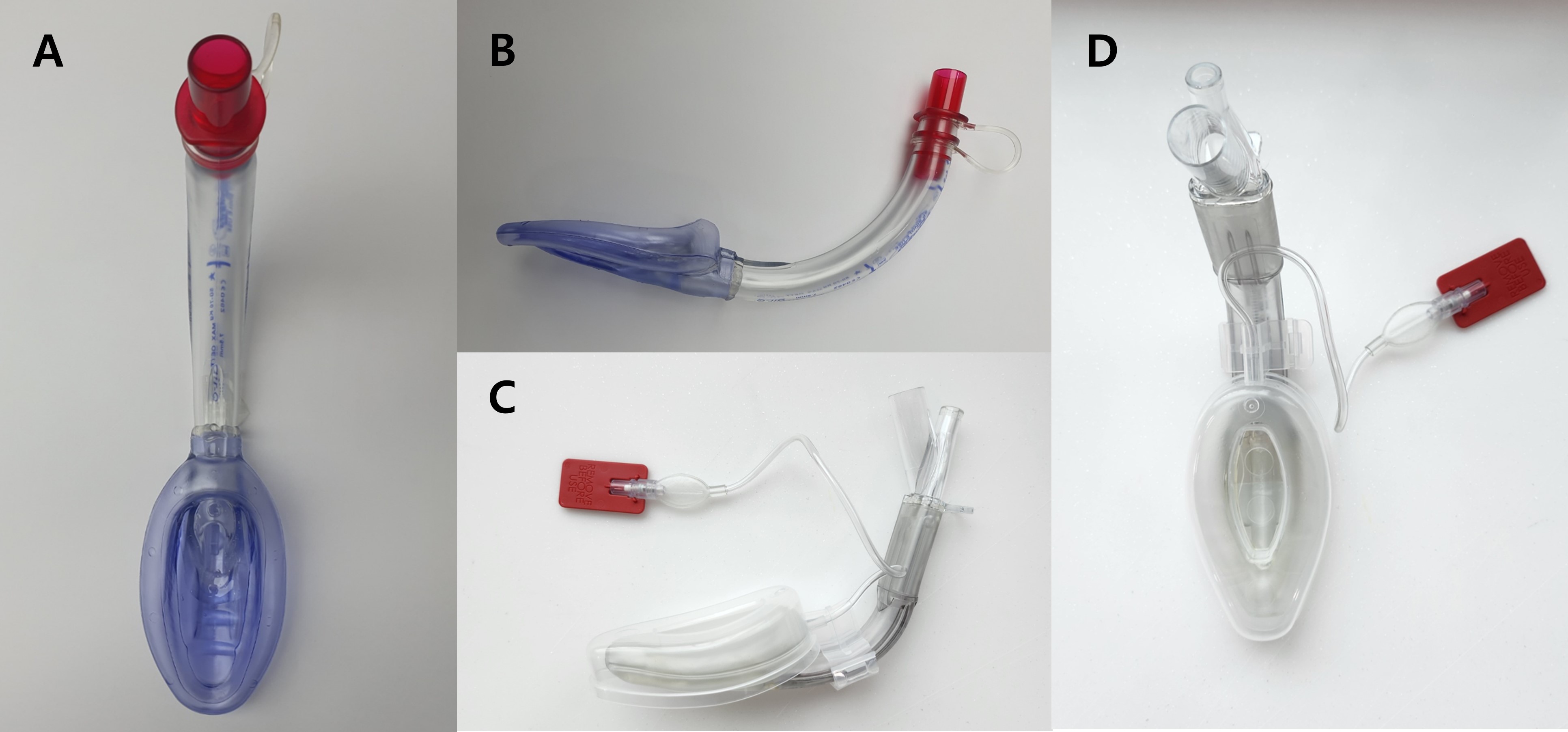 Supraglottic airway devices used in this study. Panels (A) and
(B) show the Air-Q®sp device (self-pressurizing) (Mercury
Medical, Clearwater, FL, USA), and panels (C) and (D) display the
LMA® Supreme™ device (Teleflex Medical Europe Ltd,
Westmeath, UK).