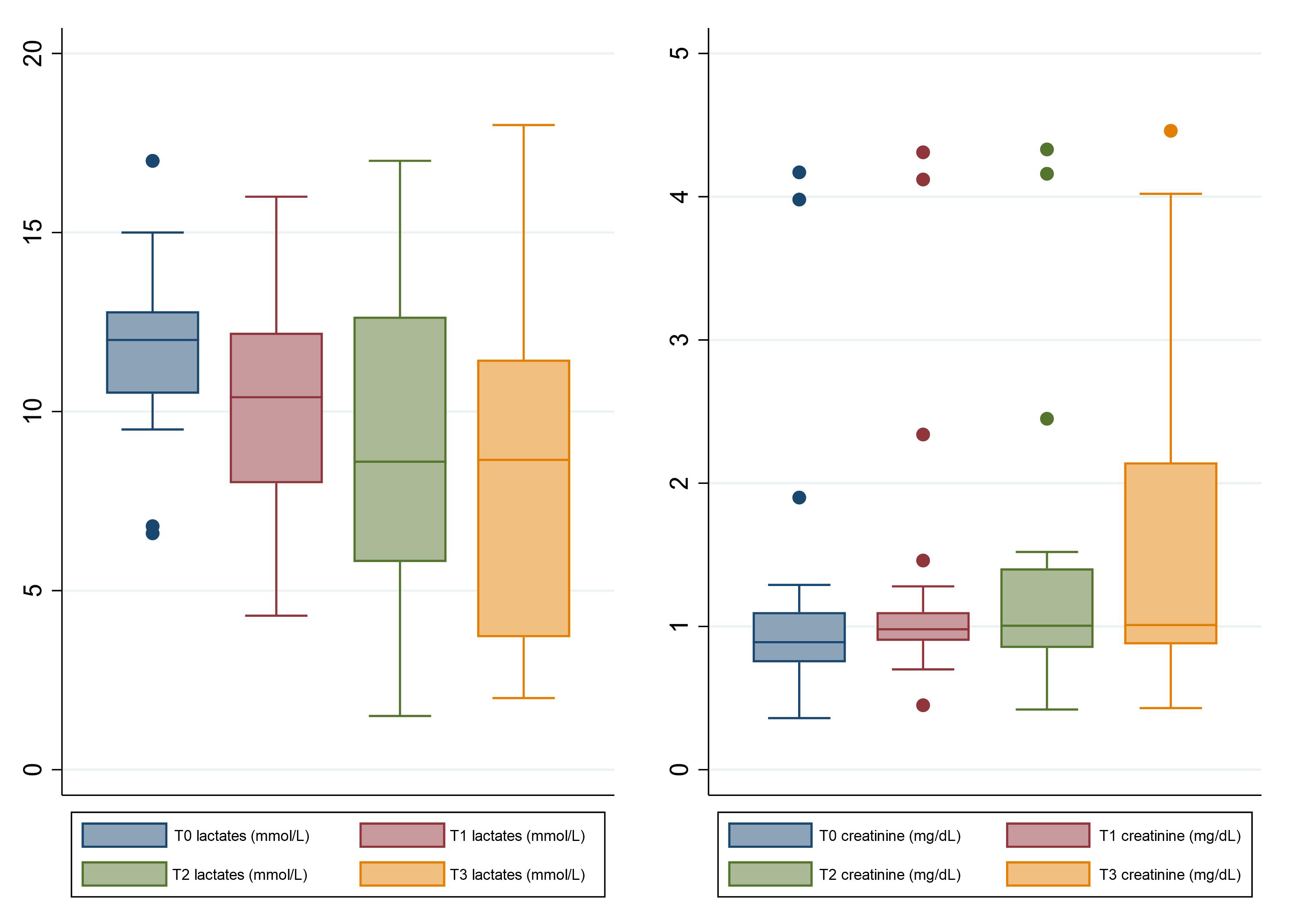 Principal variations in lactate levels and plasma creatinine
during NrP.