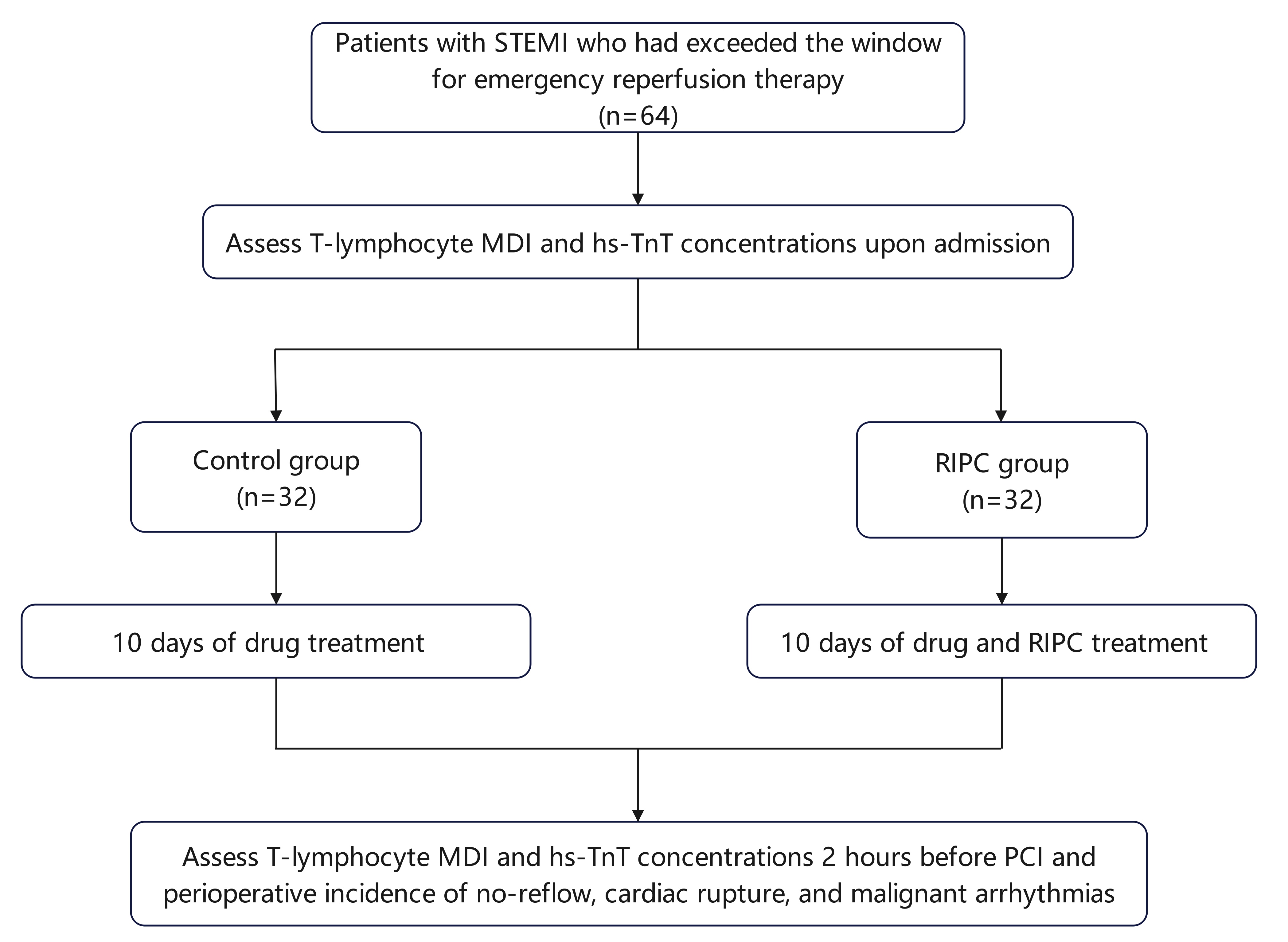 Study flowchart. STEMI: ST-segment elevation myocardial
infarction; MDI: mitochondrial damage index; hs-TnT: high-sensitivity troponin-T;
RIPC: remote ischemic preconditioning; PCI: percutaneous coronary intervention.