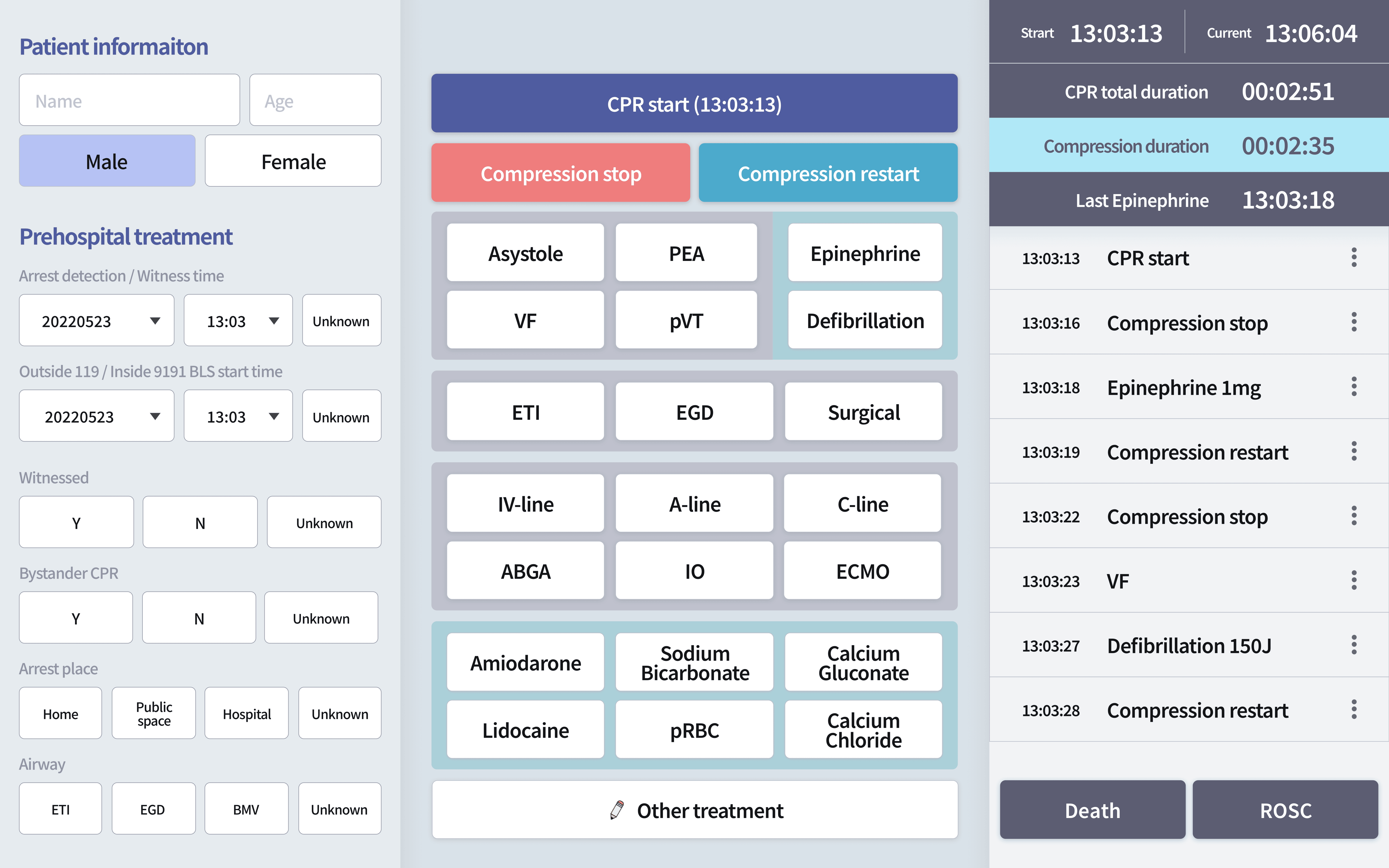 Screenshot of “CPReCoder”: a screen for CPR recording. BLS,
basic life support; Y, yes; N, no; ETI, endotracheal intubation; EGD,
extraglottic device; BMV, bag-valve-mask ventilation; CPR, cardiopulmonary
resuscitation; PEA, pulseless electrical activity; VF, ventricular fibrillation;
pVT, pulseless ventricular tachycardia; IV-line, intravenous line; A-line,
arterial line; C-line, central venous line; ABGA, artery blood gas analysis; IO,
intraosseous; ECMO, extracorporeal membrane oxygenation; pRBC, packed red blood
cells; ROSC, return of spontaneous circulation.