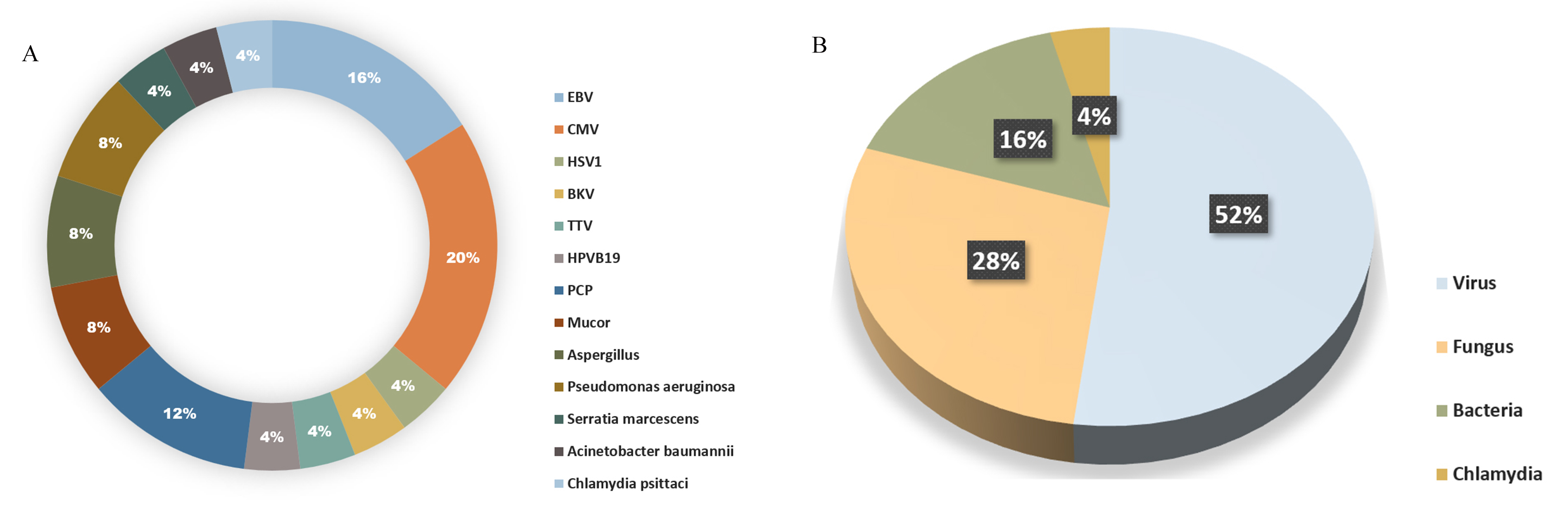 Etiology of severe pneumonia in the 9 investigated patients. (A) Detailed etiology of severe pneumonia. (B) Etiological classification of severe pneumonia. 
EBV: EB virus; CMV: cytomegalovirus; HSV1: herpes simplex virus 1; BKV: BK virus; 
TTV: human parvovirus; HPVB19: human parvovirus B19; PCP: Pneumocystis carinii.