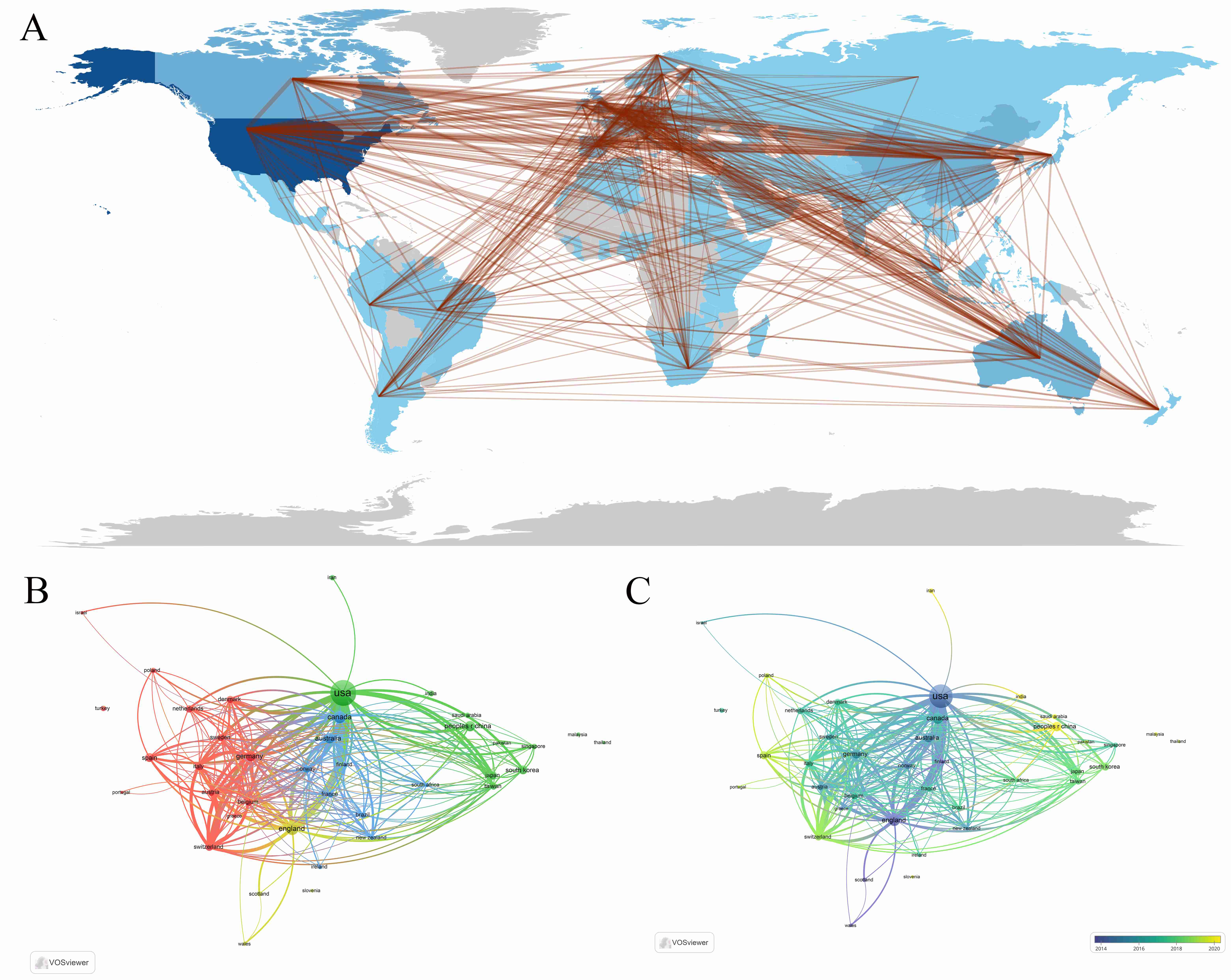 Leading countries in CPR training. (A) Geographical distribution
of global output. (B) Visual cluster analysis of cooperation among countries. (C)
Timeline visualization of cooperation among countries.