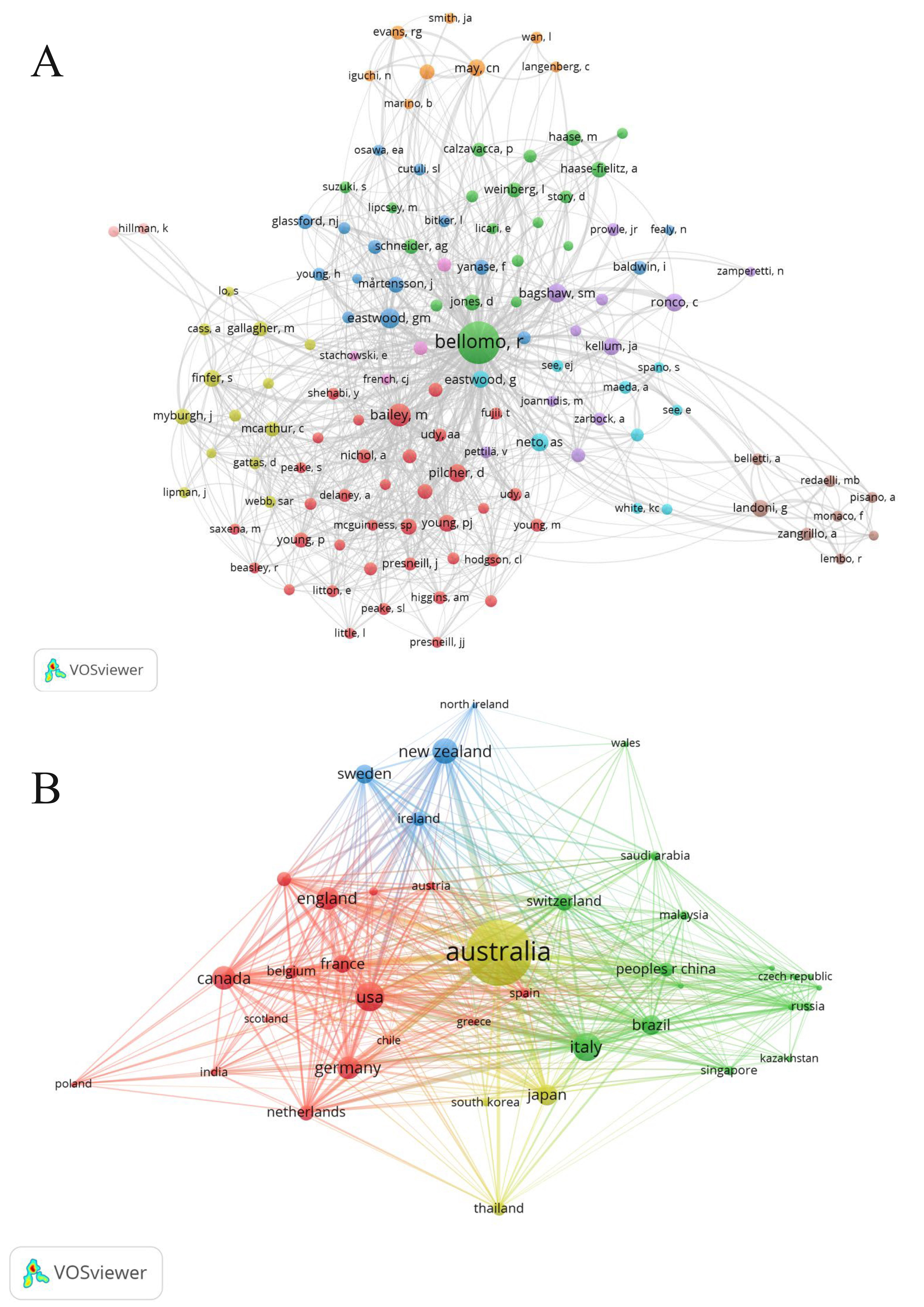 Professor Bellomo’s Co-authorship network. (A) Co-authorship
network visualization illustrating the scientific collaboration landscape
surrounding Professor Rinaldo Bellomo. (B) Co-authorship network visualization
depicting the collaborative research impact of Professor Rinaldo Bellomo.