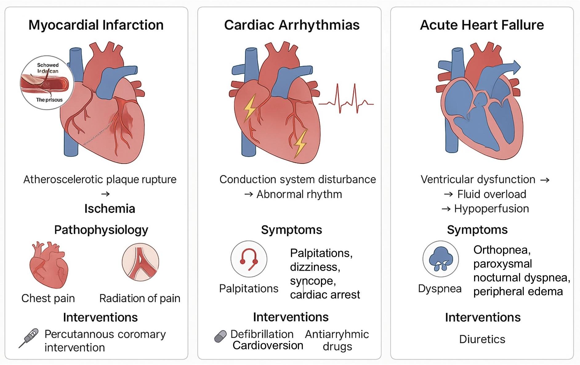 Classification, pathophysiology and interventions in the three
major cardiac emergencies. This figure summarizes the underlying mechanisms, key
clinical symptoms, and primary treatment strategies for myocardial infarction,
cardiac arrhythmias, and acute heart failure.