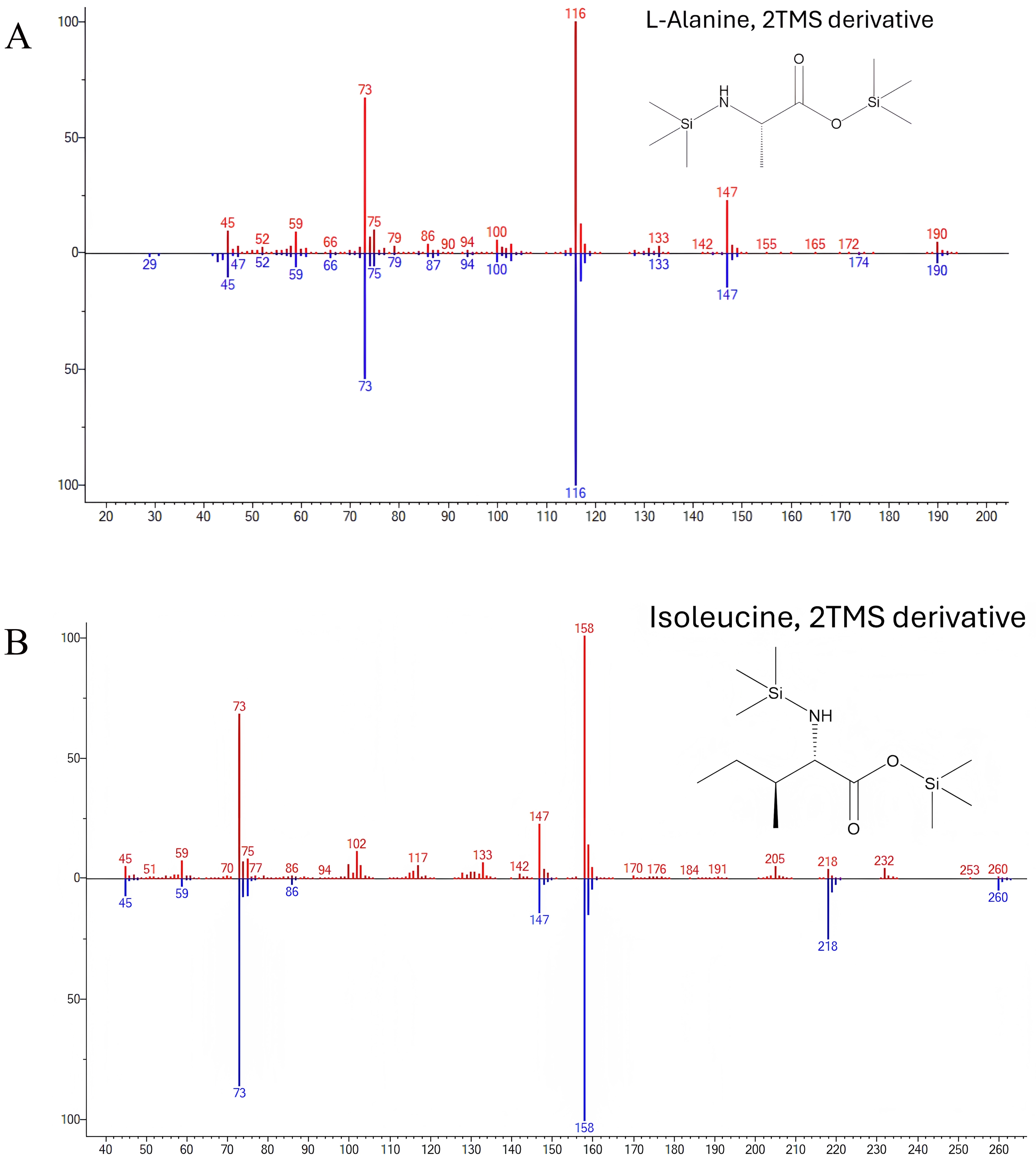 Example of comparison between amino acid mass spectrometry (MS)
spectra (in red) with the corresponding present in the National Institute of
Standards and Technology MS Search 2.4 library (in blue). (A) Fragmentation
pattern of L-Alanine, 2TMS derivative. (B) Fragmentation pattern of Isoleucine,
2TMS derivative. TMS: trimethylsilyl.