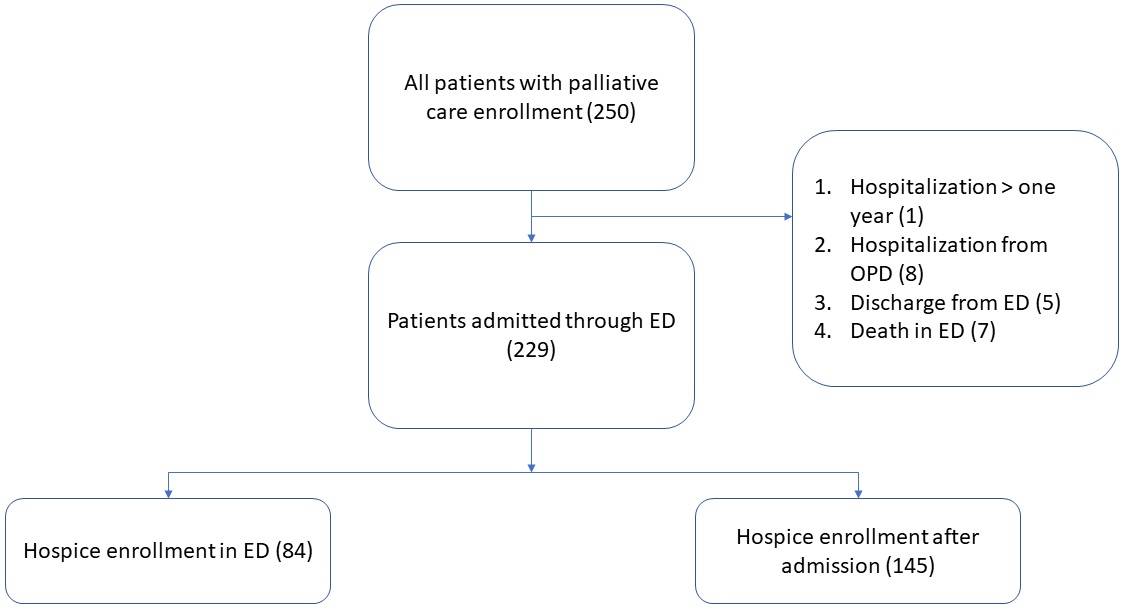Flowchart of the patient selection. A total of 250 patients
were enrolled in palliative care. After exclusion, 84 patients were in the ED
group, and 145 patients were in the admission group. ED: emergency department;
OPD: outpatient department.
