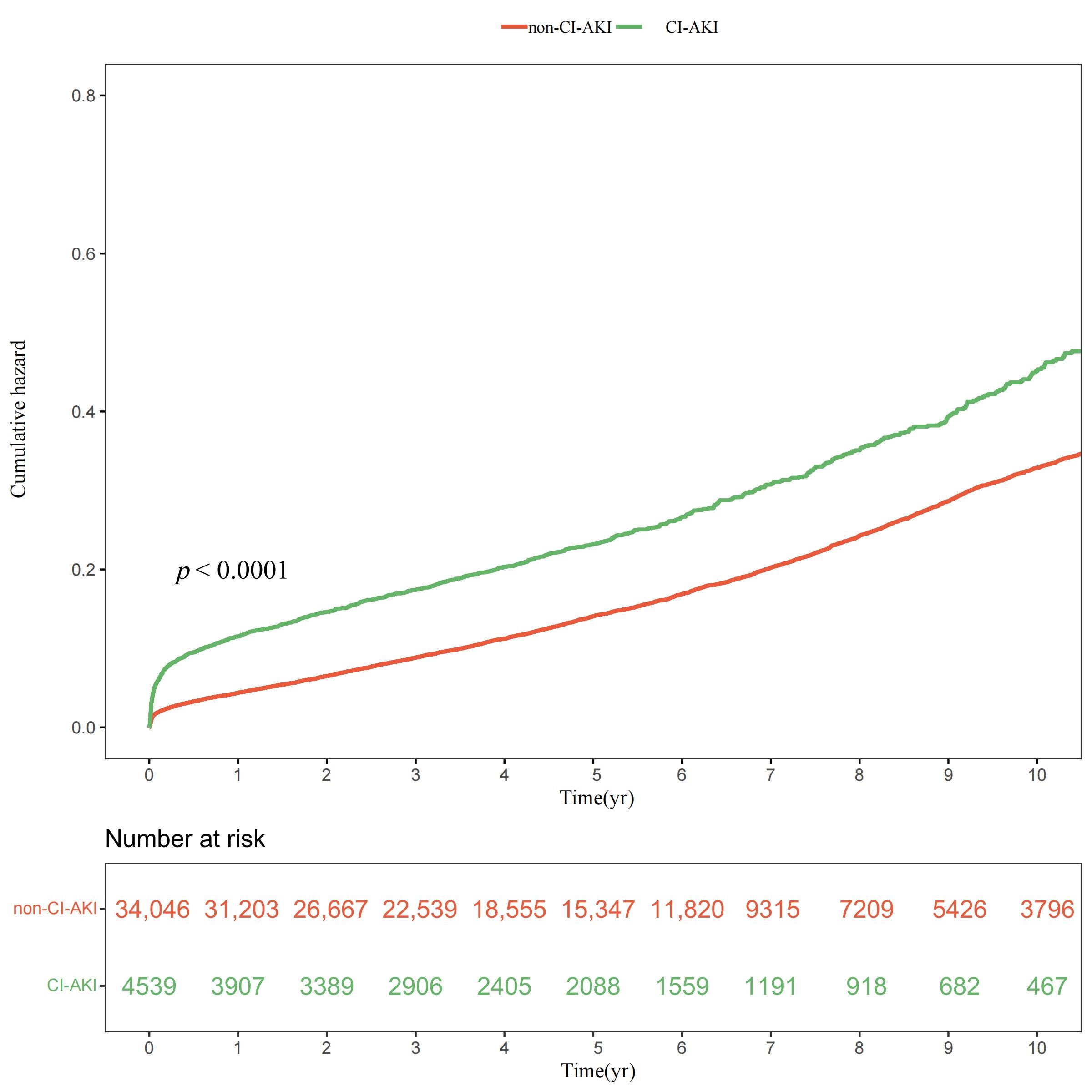 Kaplan–Meier curves of all-cause mortality. CI-AKI:
contrast-induced acute kidney injury.