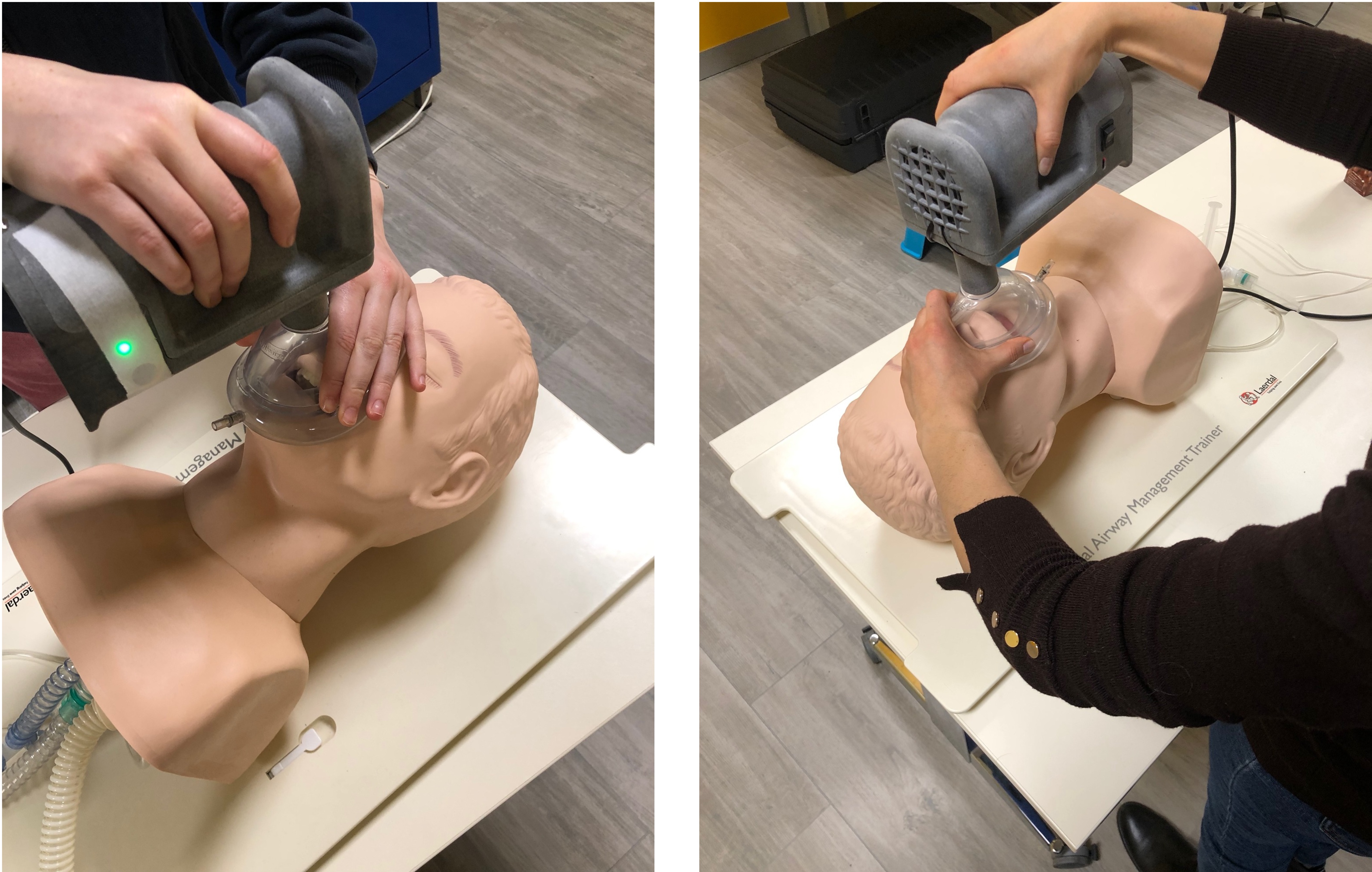 Representative pictures showing two operators applying 
the device to the manikin face during the usability tests.