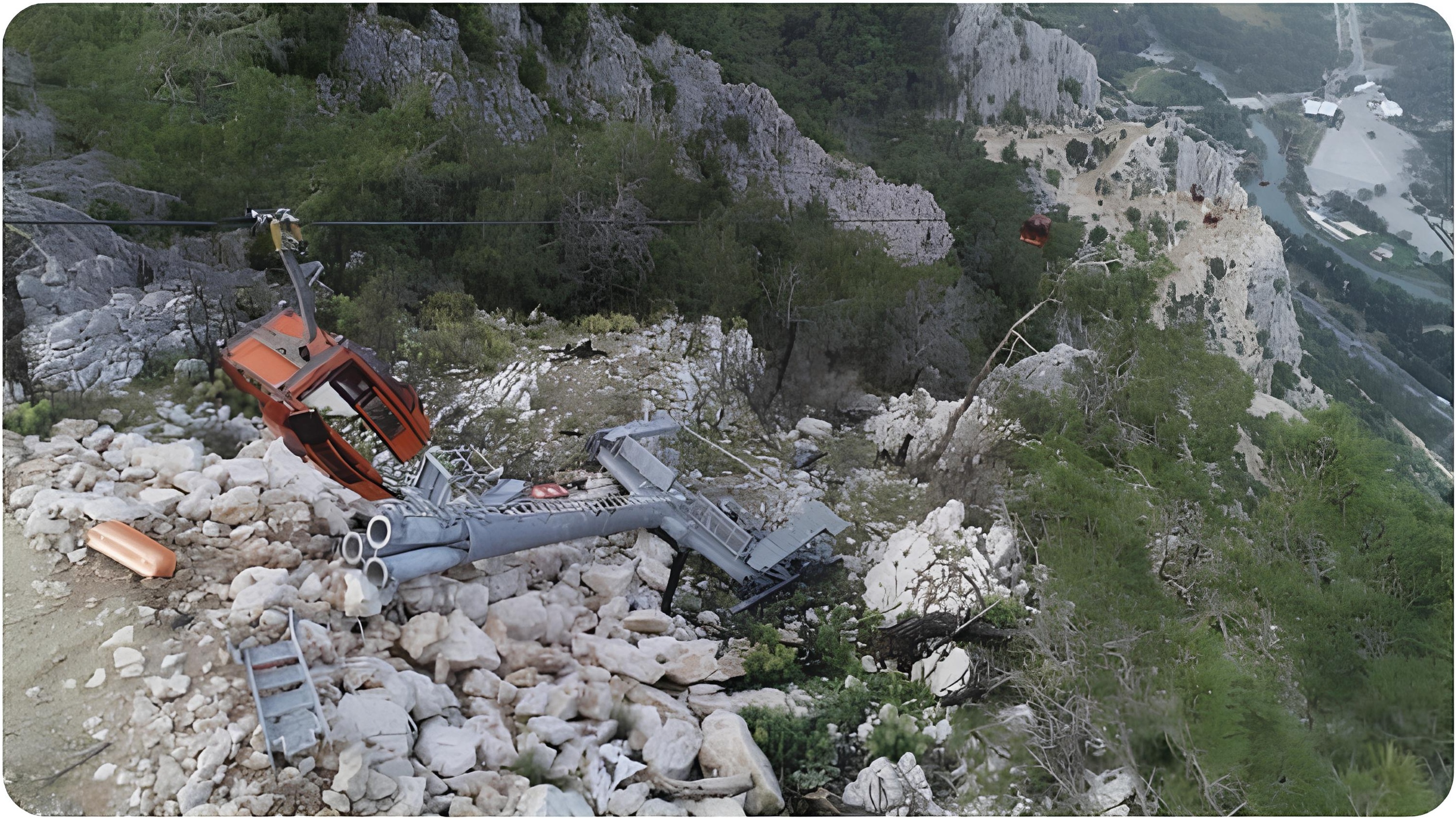 Image of broken cable car pole and falling wagon.