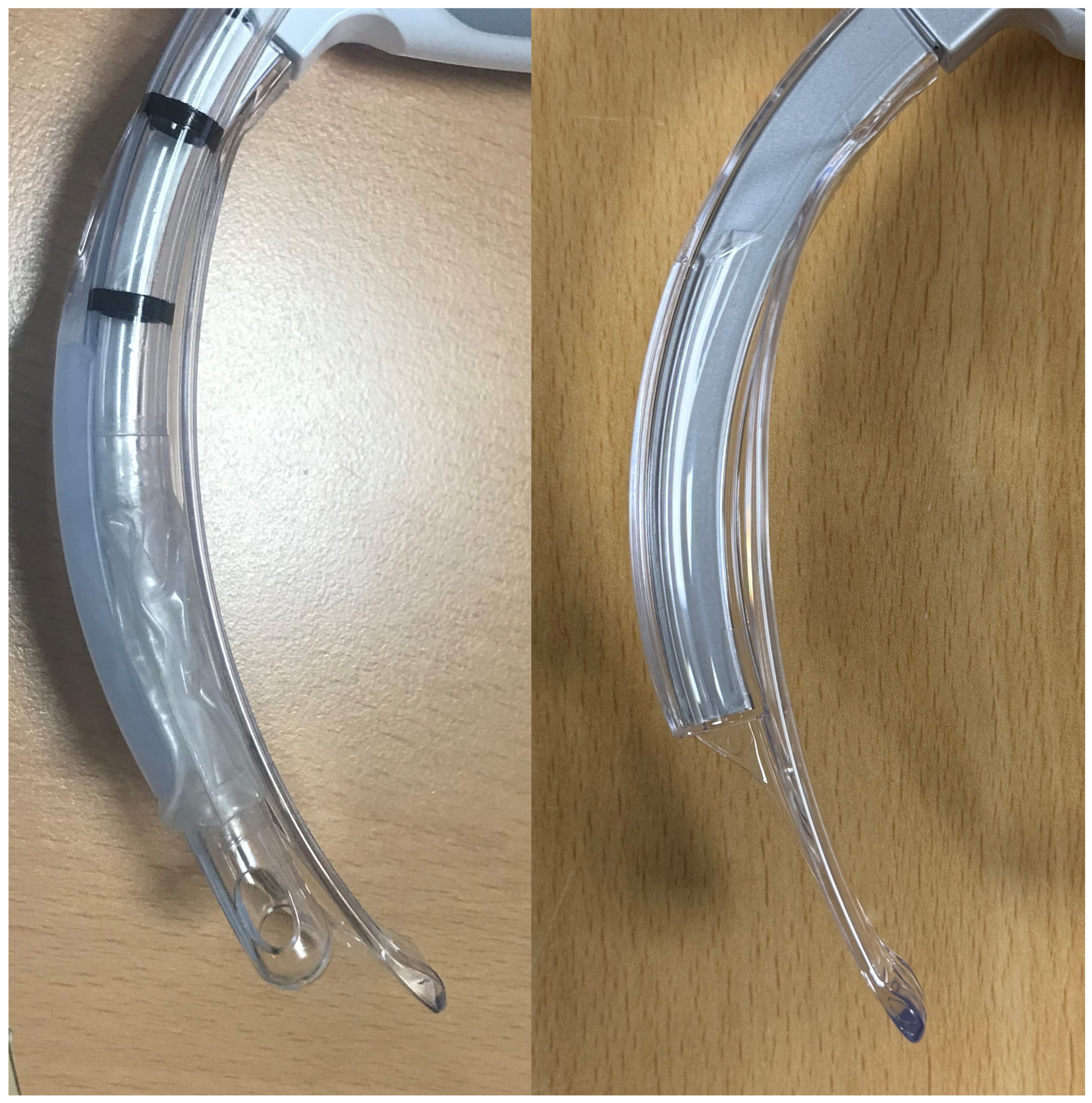 The channeled and conventional blade of
AceScope™. The channeled blade (left) and the conventional blade
(right) of AceScope™. The channeled blade has the same design as
the conventional blade (non-channeled). Both blades are size #3, Macintosh-type
curved blades.