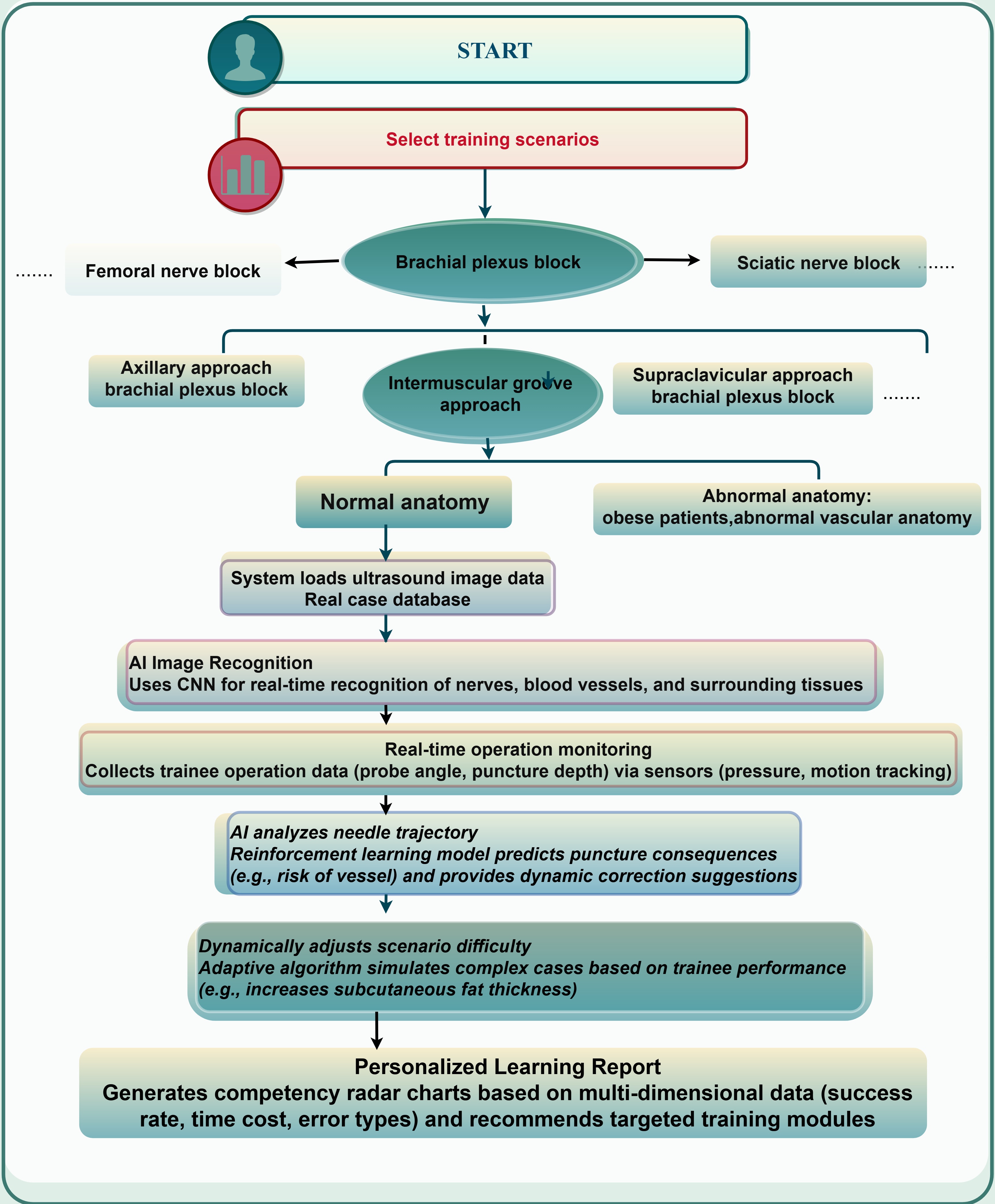 Flowchart of the AI-enhanced ultrasound-guided regional 
anesthesia simulation platform. Focused on brachial plexus block (covering 
intermuscular groove approach, axillary approach, and supraclavicular approach, 
etc.), the platform expands to regional anesthesia scenarios, such as 
femoral nerve block and sciatic nerve block, supporting simulations of both 
normal anatomy and abnormal anatomy (e.g., obese patients, and abnormal 
vascular anatomy). It loads ultrasound image data and real-case databases, 
utilizing CNN technology for real-time AI image recognition of nerves, blood 
vessels, and surrounding tissues. Integrated with pressure and motion-tracking 
sensors, it collects trainees’ operational data (e.g., probe angle, and 
puncture depth) for real-time operation monitoring. A reinforcement learning 
model analyzes the needle trajectory, predicts puncture risks (e.g., 
vessel injury), and offers dynamic correction suggestions. Additionally, an 
adaptive algorithm adjusts scenario difficulty dynamically based on trainees’ 
performance (e.g., simulating increased subcutaneous fat thickness). 
Ultimately, multidimensional data—including success rate, time cost, and error 
types—are used to generate competency radar charts and recommend targeted 
training modules, bridging the gap between theoretical knowledge and clinical 
skill transformation. CNN: Convolutional neural network.